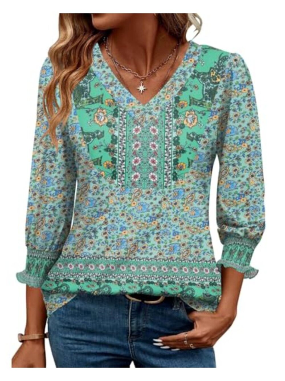 Rapbin 3/4 Sleeve Women's Top V-Neck Puff Sleeve Smocked Blouse Casual